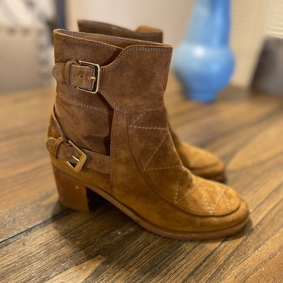 Laurence Dacade Babacar Camel Quilted Round Toe Buckle Suede Boots Size 37 6.5 - Picture 4 of 13